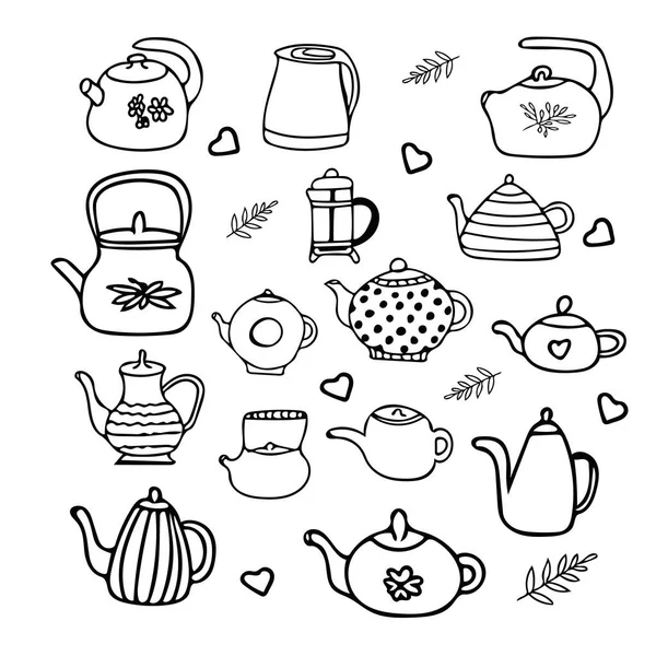 Collection de théière de style caniche. Style de doublure hygge simple et confortable scandinave. casserole dessinée à la main, bouilloire, bouilloire, tasse, thé, café, boissons chaudes . — Image vectorielle