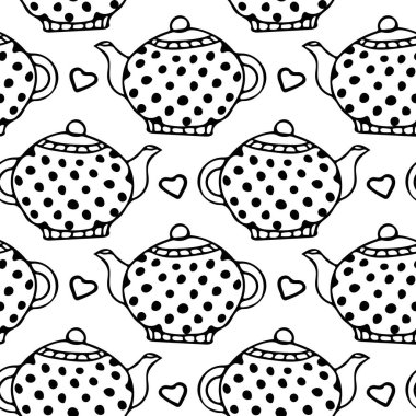 Puantiyeli çaydanlıklar ve kalp vektörsüz desen. El çizimi basit karalama İskandinav tarzı.