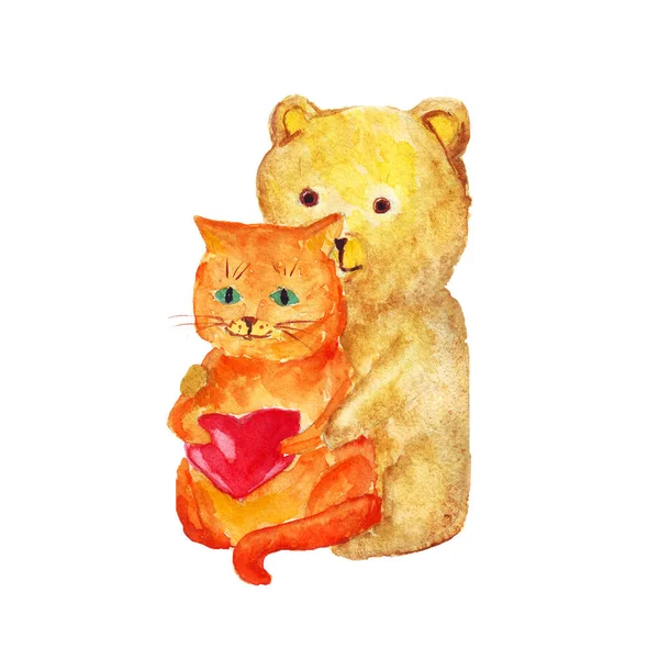 Akvarell aranyos macska és medve szeretettel szív valentin nap. — Stock Fotó
