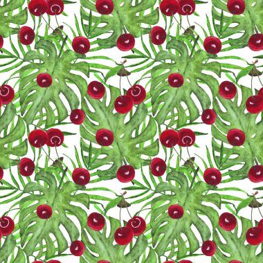 Suluboya kiraz, palmiye yaprakları ve dikişsiz canavar deseni. Sulu meyve ve tropikal yapraklardan oluşan parlak yaz arkaplanı