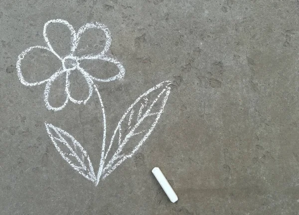 flower is drawn with chalk on the asphalt. summer. banner place for text, children creativity, copy space