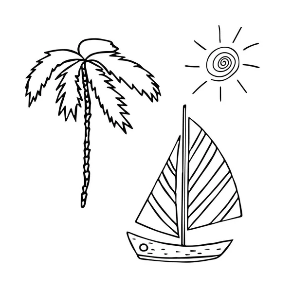 Sailboat, palm, sun hand drawn in doodle style. set of elements, summer, sea. Template for card poster sticker