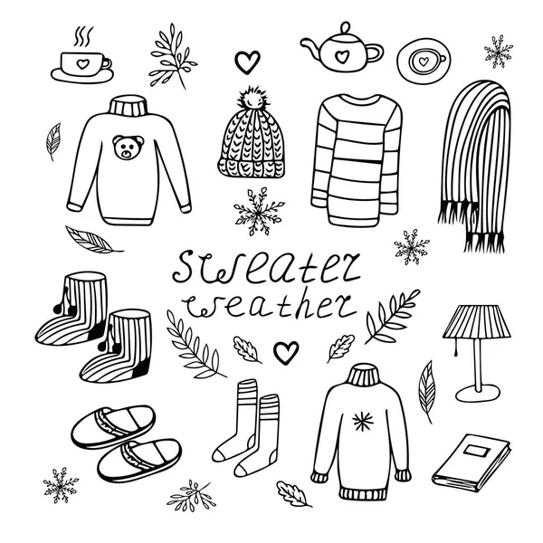 clothing and cozy hygge home comfort mood in a cold weather set. Hand drawn elements in doodle style. Scandinavian simple liner style. sweater, slippers, socks, scarf, hat, cup, teapot, tea coffee, autumn, winter, lamp, book
