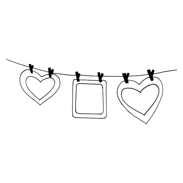 heart and frame hang on clothespins on a thread sketch hand drawn doodle. template poster, card, decor, , monochrome, minimalism, love, valentine day