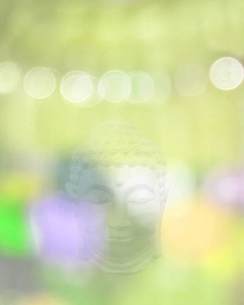 Buddha Testa Luce Sfocata Cuori Sfocano Colori Felici Sfondo Stagionale — Foto Stock