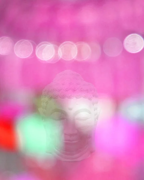 Buddha Head Blurry Light Hearts Blur Happy Colors Seasonal Background — Stock Photo, Image