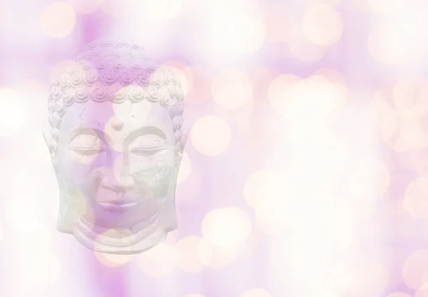 Buddha Kopf Auf Bokeh Lichtern Weich Rosa Gelb Pastellfarben Hintergrund — Stockfoto
