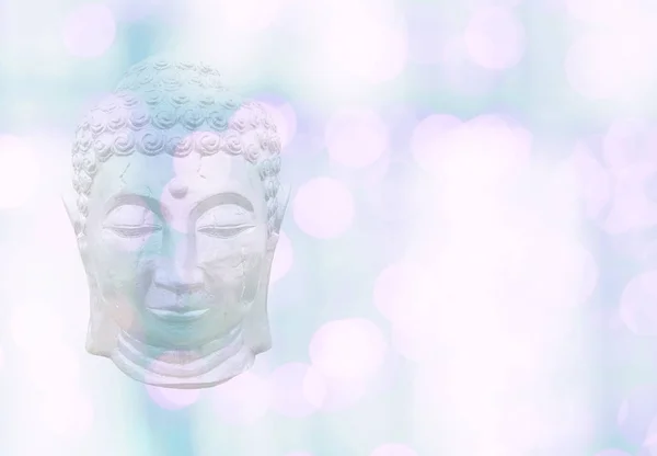Buddha Head Bokeh Lights Soft Pink Green Pastel Color Background — Stock Photo, Image
