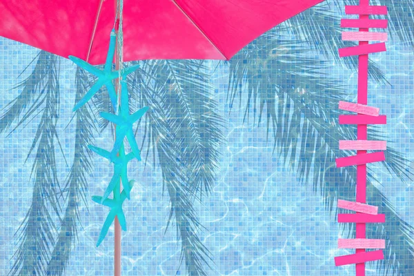 Roze Parasol Pijlen Blauwe Zeester Stemming Advertentie Ruimte Zomer Resort — Stockfoto