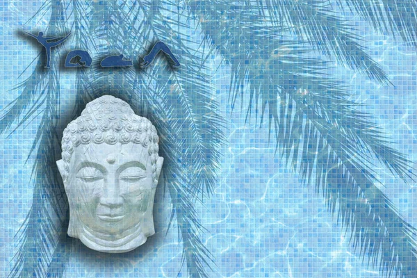 Yoga Wort Mit Figuren Posen Und Schlafendem Buddha Kopf Auf — Stockfoto