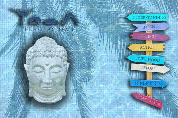 瑜伽设计字的姿势 睡佛头和八木标志与八路的佛陀在蓝池马赛克纹理 — 图库照片