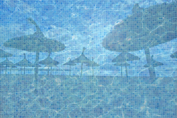 Turchese Blu Piscina Superficie Dell Acqua Sfondo Ombrelloni Collage Sole — Foto Stock