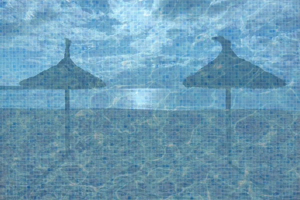 Turkoois Blauwe Zwembad Water Oppervlakte Achtergrond Strand Parasols Zonneschijn Collage — Stockfoto