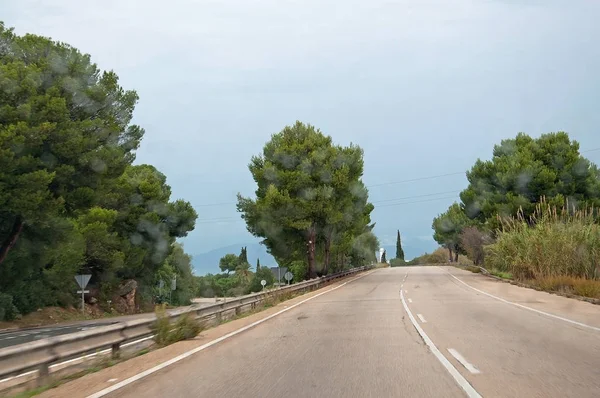 Road Green Vegetation Raindrop Effect Car Window Palma Mallorca Spain — Stock Photo, Image