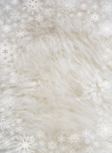 Fluffy White Furry Sheepskin Snowflakes Christmas Winter Background — Stock Photo, Image