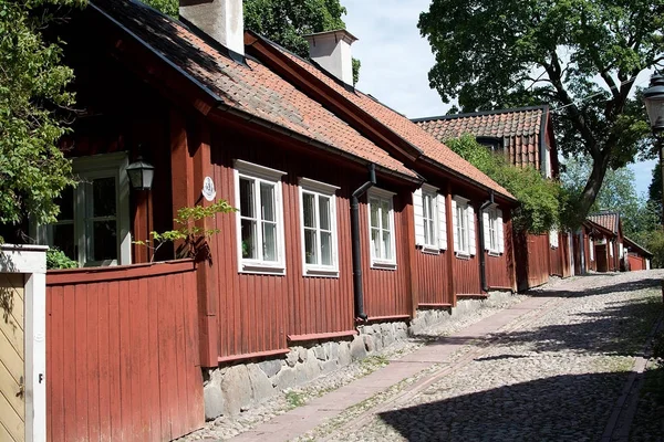 Stockholm Suecia Julio 2018 Viejas Casas Madera Roja Las Colinas — Foto de Stock