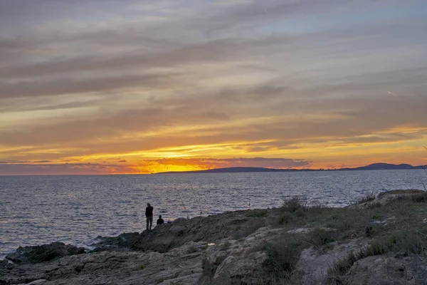Palma Mallorca Spain November 2018 Silhouette People Fishing Rods Ocean — Stock Photo, Image
