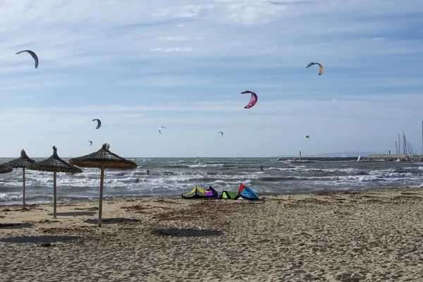 Can Pastilla Mallorca Spain November 2018 Kitesurfers Seagulls Strong Winds — Stock Photo, Image