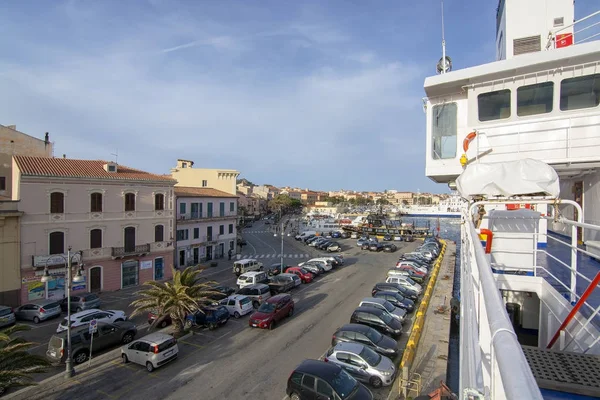 Ferry and port area city view with sea promenade — Stock Photo, Image