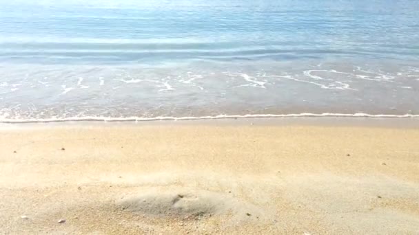 海浪拍打在沙滩上 相机锅向右显示空的沙滩和低层建筑在一个阳光明媚的冬季一天 在西班牙帕尔马德马略卡岛 具有更多对比度的变化 — 图库视频影像