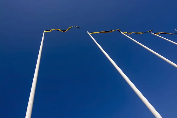 Bandeiras suecas com candeeiros azuis e amarelos — Fotografia de Stock