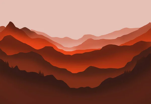 Kırmızı parıltılı dağların ve ağaçların dijital illüstrasyonu — Stok fotoğraf