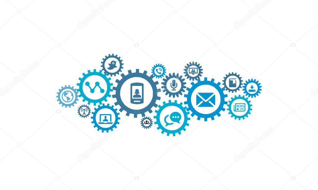 communication and media icons with connected gears for strategy