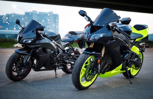 Two Sports Motorcycles Parked Asphalt — Stock Photo, Image