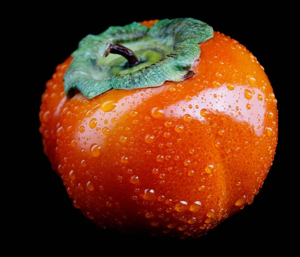 Perfect Picture Ripe Persimmon Drops Water Peel Isolated Black Background — Stock Photo, Image