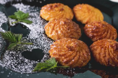 Hafif bir arka planda toz şeker içeren bir plaka üzerinde çerezler.