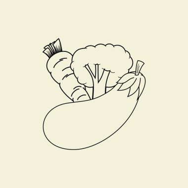 Siyah çizgili sebzeler (Havuç, Brokoli, Patlıcan) vektör tasarımı (renk yok)