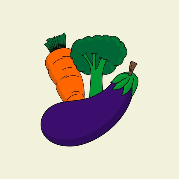 Grönsaker Morot Broccoli Aubergine Vektor Design — Stock vektor