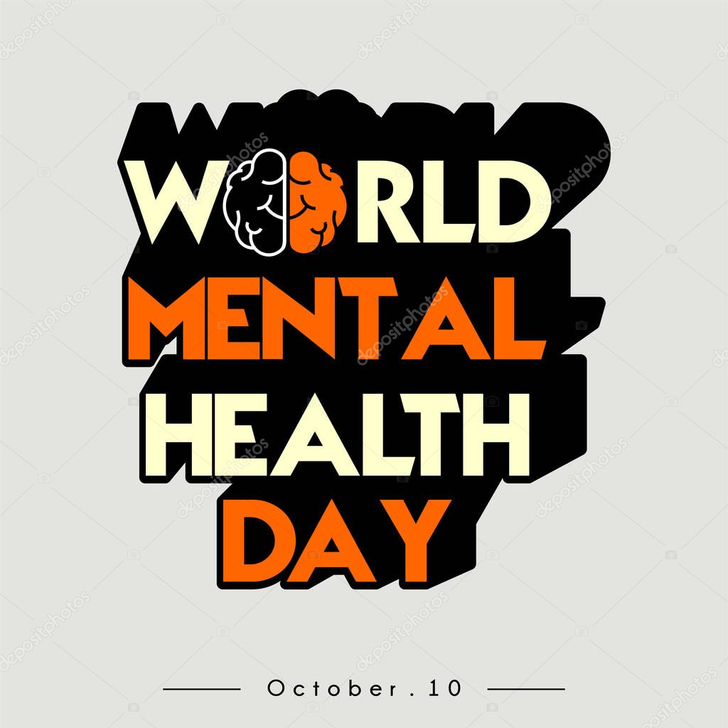 World Mental Health Day Typography text with Brain Concept design