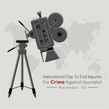 Uluslararası Gün Kamera ile Gazeteci Karşı Suç Için Cezasızlık Sona Erdirmek için bir tripod ve dünya haritası düşüyor 