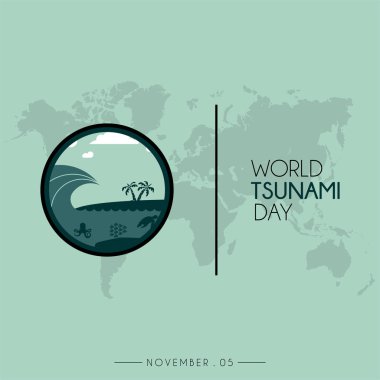 Dünya Tsunami Günü simgesi vektör tasarımı, dünya haritası ile deniz kıyısı ve deniz yaşamı görünür