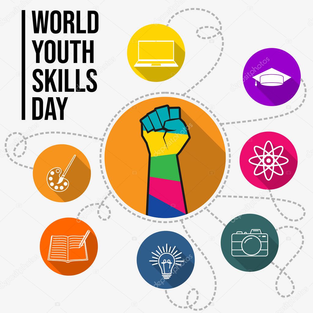 World Youth Skills Day vector Illustration with Colorful of fist and icon design. Celebrate on July 15th. Good template for Youth Campaign poster design.