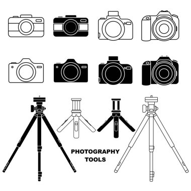 Kamera ve Tripod ya da kamera taşıyıcı vektör illüstrasyonunun nesnesini ayarla. Fotoğraf tasarımı için mükemmel şablon.