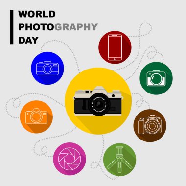 Fotoğraf araçları tasarımı ile Dünya Fotoğrafçılık Günü vektör çizimi.