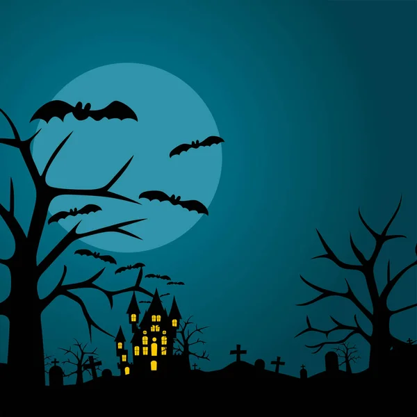 Happy Halloween Hintergrund Mit Dunkler Burg Und Friedhofsgestaltung Fledermaus Mondschein — Stockvektor