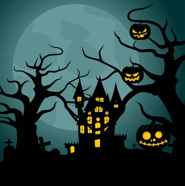 Happy Halloween Hintergrunddesign Mit Nachtlandschaft Des Schlosses Und Grab Vektor — Stockvektor