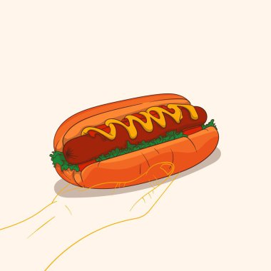 Marullu, soğanlı, domatesli ve sarı hardallı lezzetli sosisli sandviç. Bir sosisliyi tutan el çizgisi sanatı. Fast food menüsü tasarımı için hot dog