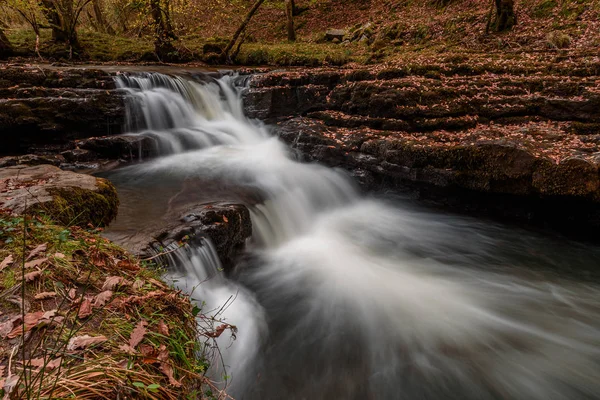 Waterfall Pontneddfechan Brecon Beacons National Park Wales Autumn Golden Leaves — Stock Photo, Image