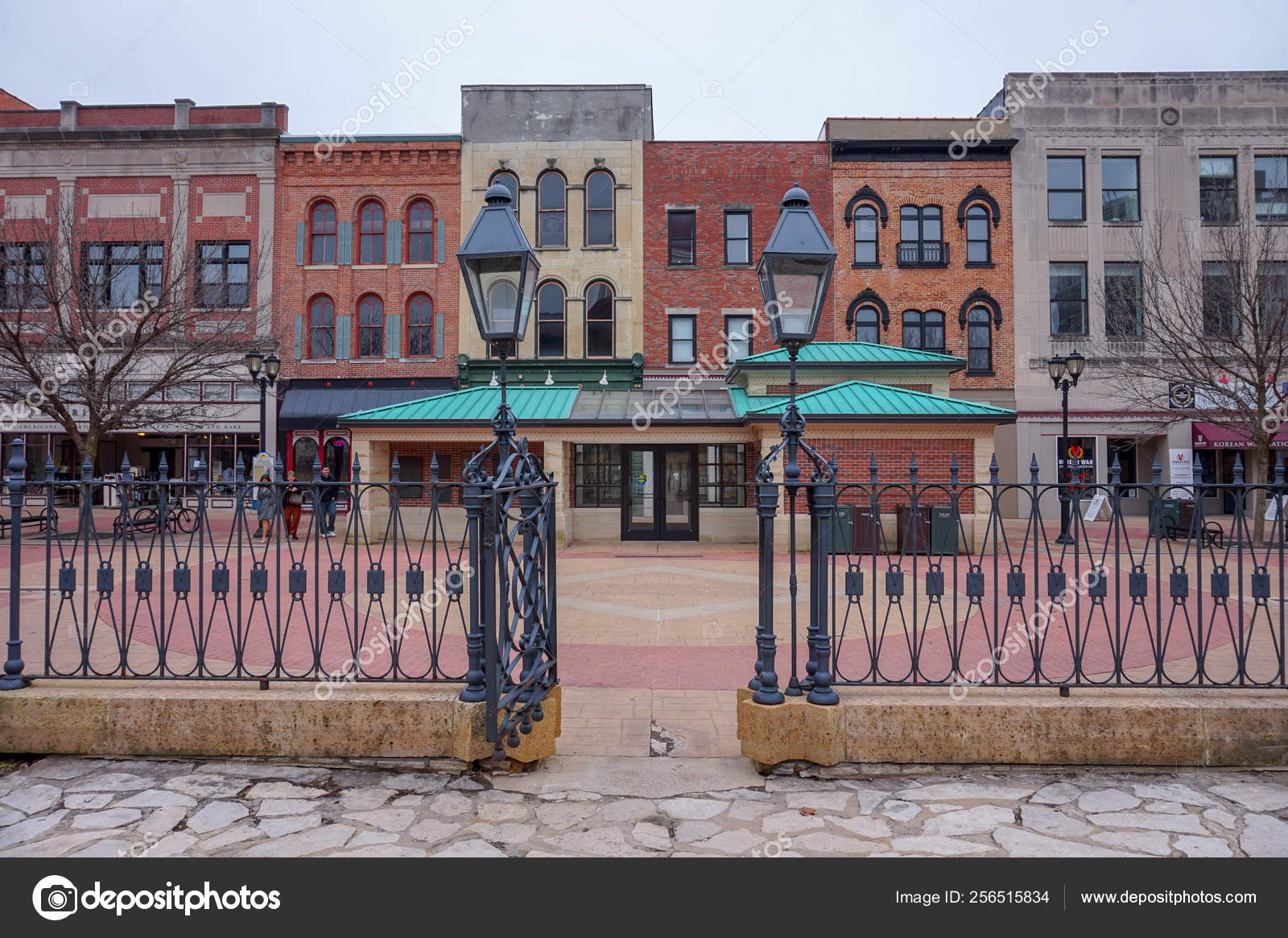 Colorful historic buildings in Springfield, Illinois, with street lamps