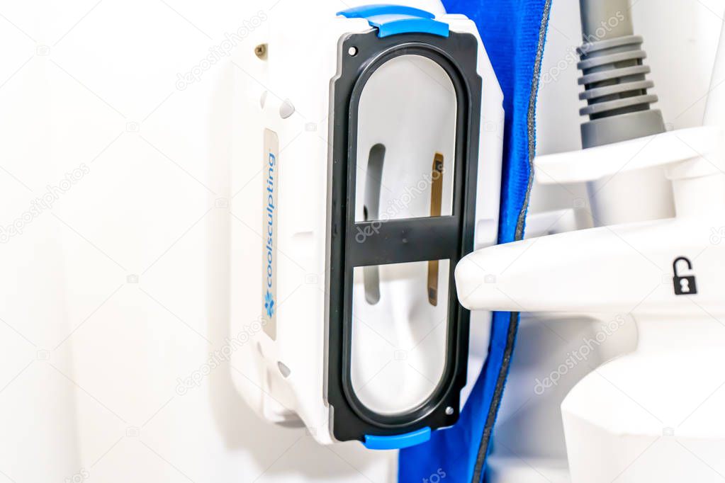 Coolsculpting cryolipolysis suction tip applicator handpieces for fat removal through freezing fat cells.