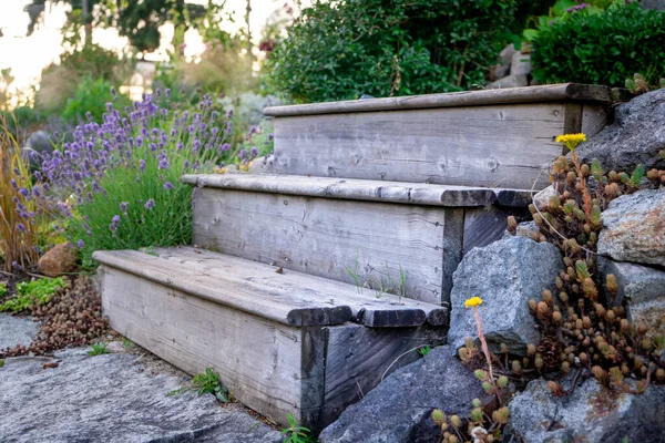 Weathered, wood garden steps on a cottage vacation property, showing several plants in a landscaped pathway. Symbolic of peace, progress, tranquility, or an example of recycled wood projects.
