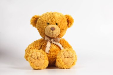 Renkli arka planda yumuşak sıcak sevimli kahverengi oyuncak ayı. Izole. Yumuşak beyaz arka plan. Metin için boşluk Kopyala.