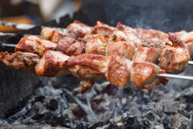 Açık ızgara, gıda Festivali, açık mutfak, şiş üzerinde kavurma, Yaz piknik, yiyecek-mahkeme seçici odak taze sıcak lezzetli BBQ Kebab ızgara yakın
