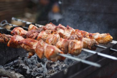 Açık ızgara, gıda Festivali, açık mutfak, şiş üzerinde kavurma, Yaz piknik, yiyecek-mahkeme seçici odak taze sıcak lezzetli BBQ Kebab ızgara yakın