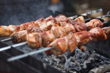 Açık ızgara, gıda Festivali, açık mutfak, şiş üzerinde kavurma, Yaz piknik, yiyecek-mahkeme seçici odak taze sıcak lezzetli BBQ Kebab ızgara yakın