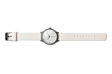 İzole beyaz modern tasarım silikon izle. Akıllı zaman kavramı. Üst görünüm düz Lay mockup. Beyaz arka plan. Gölge ve yansıma